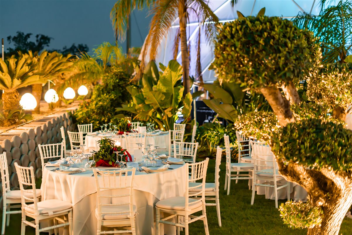 Tavoli con tovaglie bianche allestiti nel giardino tra piante tropicali illuminate